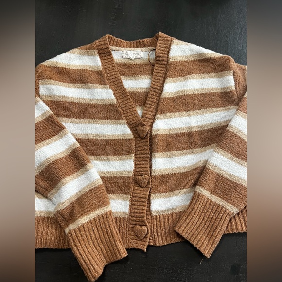 Wild Skye Sweaters - Heart Shape Cardigan Button Sweater Women's Size S Brown White Cropped Wild Skye